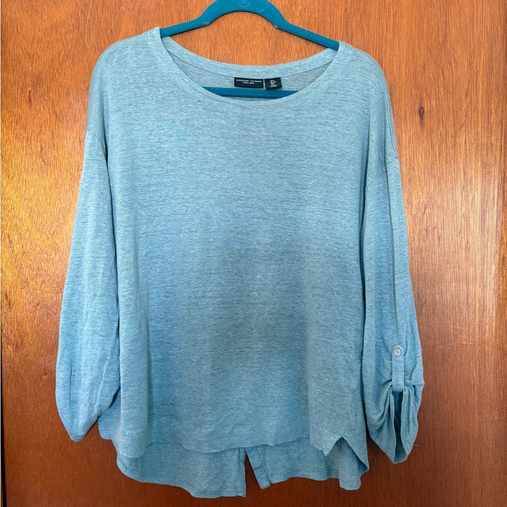 Large Sage Green Adrienne Vittadini Boatneck Linen Roll Tab Sleeve Top - Picture 2 of 11